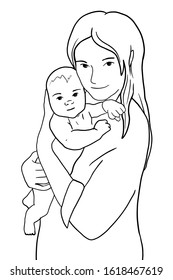 Hand drawn adorable baby and mother line silhouette. Cute simple vector illustration. Mom holds her infant. Perfect for cards, posters, design, booklet, website, article, mothers day