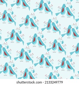 hand drawn adorable blue bird seamless pattern