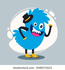 Hand drawn adorable and funny monster on flat colorful background isolated for versatile use in print, Halloween, t-shirt, birthday celebrations, party decorations.