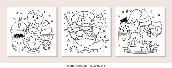 Hand drawn adorable kawaii ice cream, drinks and dessert coloring pages. Cute food coloring book illustration vector design for kids and adults.