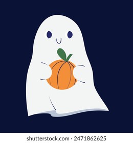 Hand drawn adorable little ghost with a pumpkin, Halloween themed vector illustration, isolated on a dark background