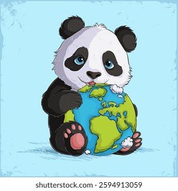 Hand drawn adorable panda sitting and holding the earth planet celebrating the green earth day event