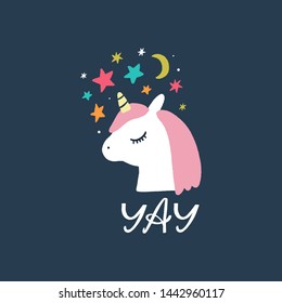 Hand drawn adorable unicorn with lettering text. Holiday cheerful sign. Design elements for social media, poster, t-shirt print, leaflet. Vector illustration.