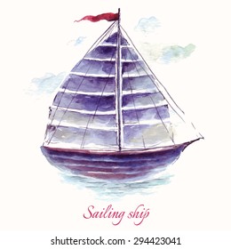 Hand Drawn Adorable Vector Sailing Ship In Watercolor Technique. 