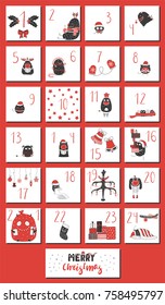 Hand drawn advent calendar with cute funny monsters in Santa Claus hats, presents, tree, decorations, mittens, stars, stoking, typography. Design concept for children, Christmas. Vector illustration