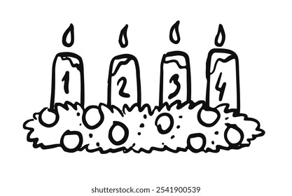 Hand drawn Advent wreath with candles. German Christmas tradition. Celebrating the advent season. 