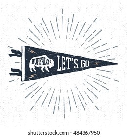 Hand drawn adventure pennant flag vector illustration and "Let's go" inspirational lettering.