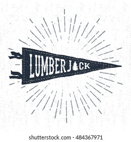 Hand drawn adventure pennant flag vector illustration and "Lumberjack" lettering.