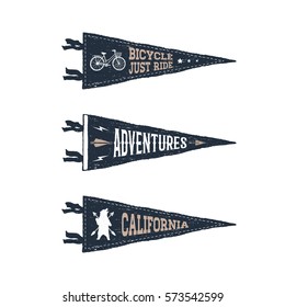 Hand drawn adventure pennant flags set. Vector illustrations and inspirational lettering.