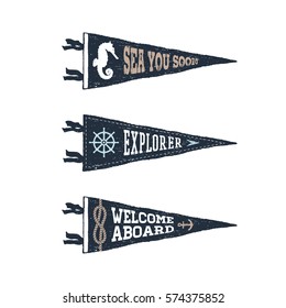 Hand drawn adventure pennant flags set. Vector illustrations and inspirational lettering.