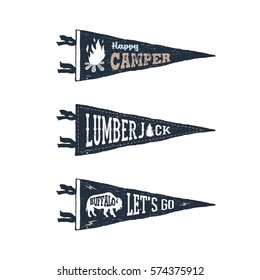 Hand drawn adventure pennant flags set. Vector illustrations and inspirational lettering.