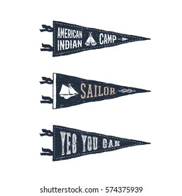 Hand drawn adventure pennant flags set. Vector illustrations and inspirational lettering.