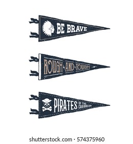 Hand drawn adventure pennant flags set. Vector illustrations and inspirational lettering.