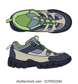 Calzado de aventuras a mano, zapatillas de senderismo, zapatos de gimnasia. Ilustración vectorial del doodle de color.