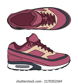 Hand drawn adventures shoes, trekking sneakers, gym shoes. Color doodle vector illustration.