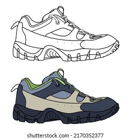 Hand drawn adventures shoes, trekking sneakers, gym shoes. Color doodle vector illustration.