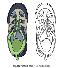 Hand drawn adventures shoes, trekking sneakers, gym shoes. Color doodle vector illustration.