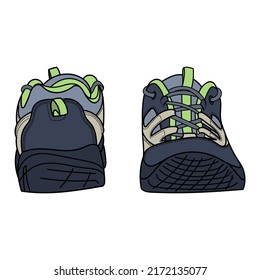 Hand drawn adventures shoes, trekking sneakers, gym shoes. Color doodle vector illustration.