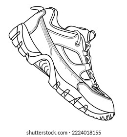 Hand drawn adventures shoes, trekking sneakers, gym shoes, side view. doodle vector illustration