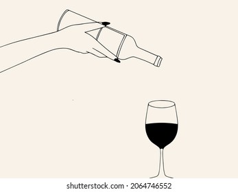 Antecedentes estéticos dibujados a mano con la mano de una mujer sosteniendo una botella de vino y una copa de vino tinto. Ilustración de bebidas de bodega. Afiche de vino moderno de estilo minimalista. vector de contorno