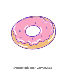 Hand drawn aesthetic cute donut, isolated cartoon doughnut with pink icing. Vector illustration EPS 10