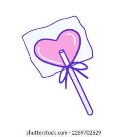 Hand drawn aesthetic cute pink heart lollipop, isolated cartoon girly heart candy on stick with a bow. Vector illustration EPS 10