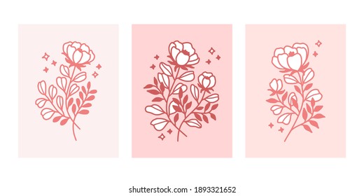 Hand drawn aesthetic and romantic valentine card collection with flower and botanical leaf branch elements	