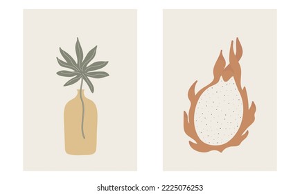 Ilustraciones de vector estético dibujadas a mano. La decoración de las paredes es de estilo bohemio. Marco minimalista moderno para carteles, decoración de habitaciones. Esbozos de arte de Boho. Fruta de dragón y florero tropical.