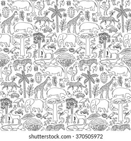 Hand drawn Africa seamless pattern. Vector illustration of seamless pattern with African animals and plants