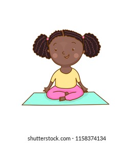 Hand drawn African American girl sitting in lotus pose. Female yoga meditation. Vector illustration. Healthy children lifestyle. Black kid in relaxation asana position. Fitness background.