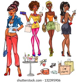 Hand drawn African American girls with phones, purses, drinks and shopping bags, dressed up young women at cocktail party and shopping , sketch