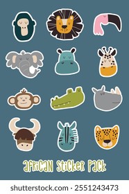 Paquete de pegatinas de caras de animales africanos dibujados a mano. Conjunto de ilustración de animales lindos, león, elefante, jirafa, cocodrilo, cebra y otros. 