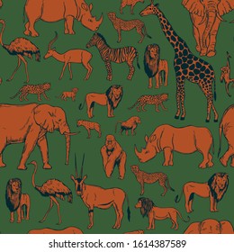Hand drawn african animals and birds on white background. Vector seamless pattern.
