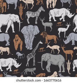 Hand drawn african animals and birds on white background. Vector seamless pattern.