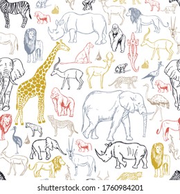 Hand drawn african animals and birds on white background. Vector seamless pattern.