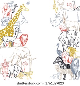 Hand drawn african animals and birds . Vector background. 