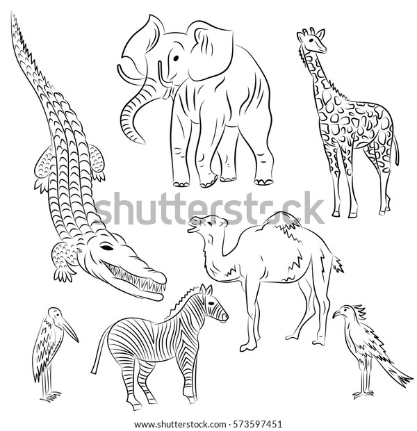 Hand Drawn African Animals Birds Doodle Stock Vector (Royalty Free ...