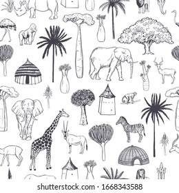 Hand drawn african animals and plants on white background. Vector seamless pattern.