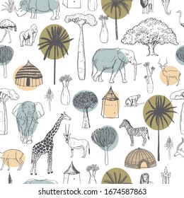 Hand drawn african animals and plants on white background. Vector seamless pattern.