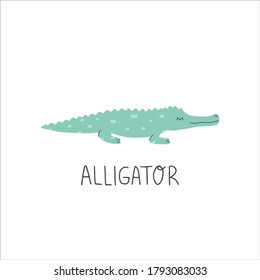 Hand Drawn African Crocodile. Cute doodle animal card. Scandinavian colorful childish illustration.