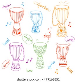 Hand drawn african drums djembe. Ethnic doodles set. Childish style. Six instruments with different size, decoration and colors. Sketchy vector EPS10 illustration.