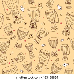 Hand drawn african drums djembe. Ethnic seamless pattern. Vector EPS10 sketchy illustration.