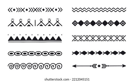 Hand drawn african folk motif, ethnic pattern set. Peru, mexican, aztec drawn border pattern. Boho, indian decoration, arrow element. Vector illustration.