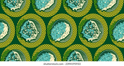 Hand Drawn African Fruit Horned Cucumber on Vibrant Fabric Pattern. Abstract Ethnic Fashion Artwork for Ethnic Fashion Print and Clothing. Tribal Textile Overlap Design.