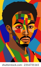 Hand drawn african man vector pattern in Matisse style modern portrait to decorate print wall art, colorful abstraction in cubist and impressionist style