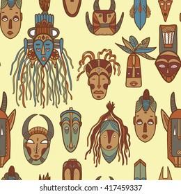 Hand drawn african masks. Seamless vector pattern. 