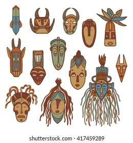 Hand drawn african masks. Vector set.
