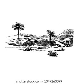 Hand drawn African safari nature landscape black on white background