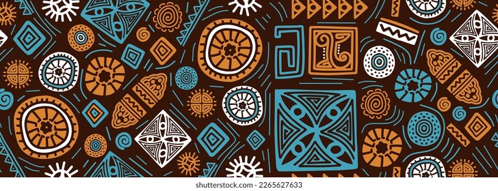 Hand drawn african seamless pattern, tribal motifs vector illustration. Mexican texture with retro doodle ornaments. Abstract decoration with traditional creative artwork. Inca symbols brown colors.