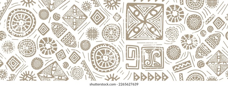 Hand drawn african seamless pattern, tribal motifs vector illustration. Mexican texture with retro doodle ornaments. Abstract decoration with traditional creative artwork. Inca symbols pastel colors. svg
